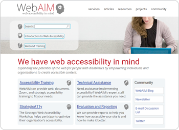 웹 접근성 전문 비영리기관(Web AIM) 홈페이지 메인화면