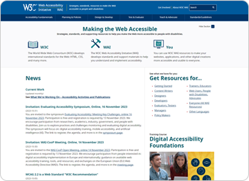 W3C WAI(월드 와이드 웹 컨소시엄 웹 접근성 이니셔티브) 홈페이지 메인화면